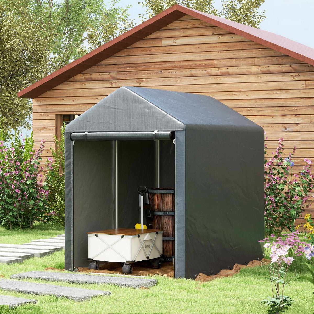 Garage Tent, 1.2 x 1.79 x 1.65 m Storage Tent with UV Protection, Large Zip Door, Waterproof Foil Garage for Garden Tools, Steel