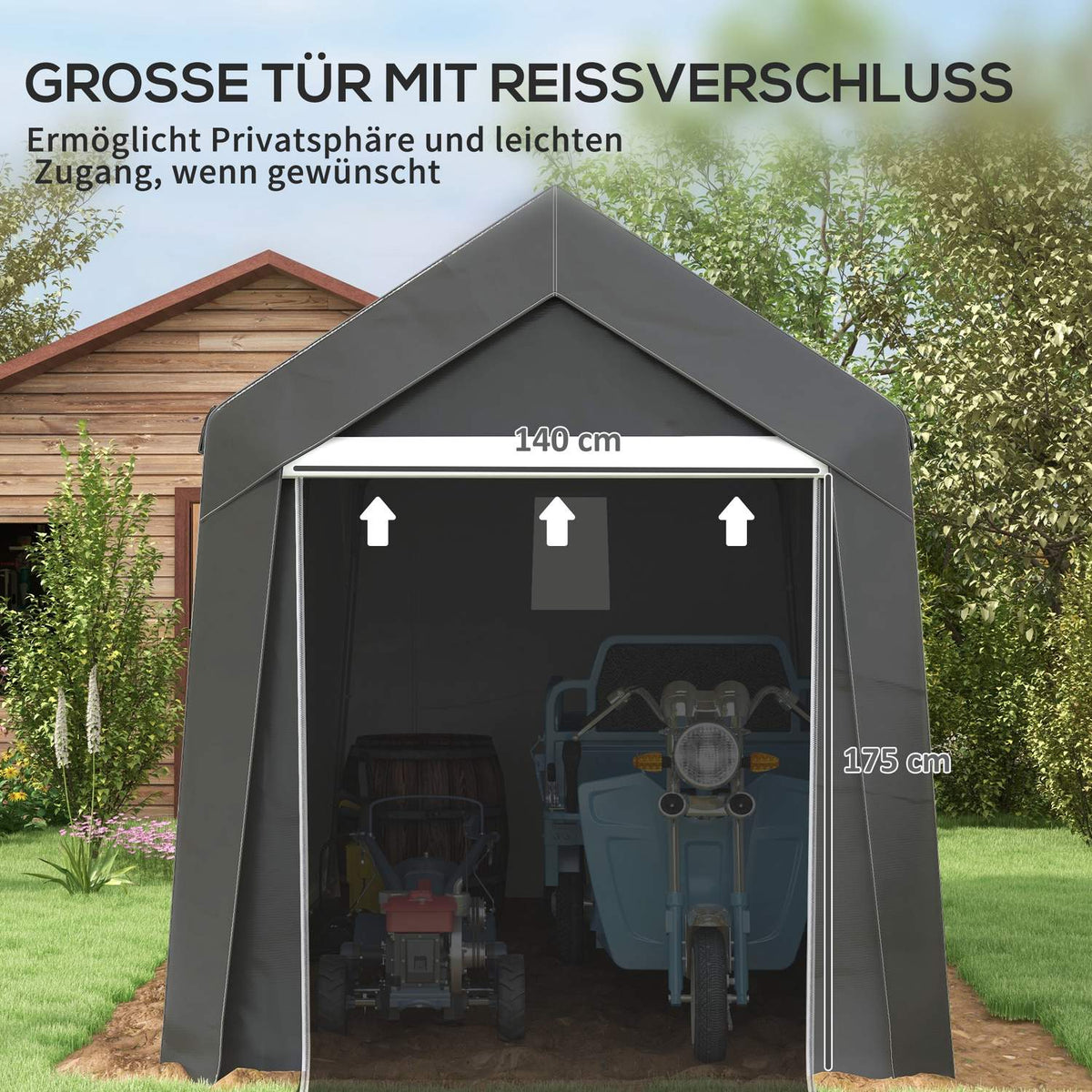 Garage Tent, 2.1 x 3.6 x 2.35 m Storage Tent with UV Protection, Zip Door, Water-Repellent Foil Garage for Motorcycle, Garden Tools, Dark Gray