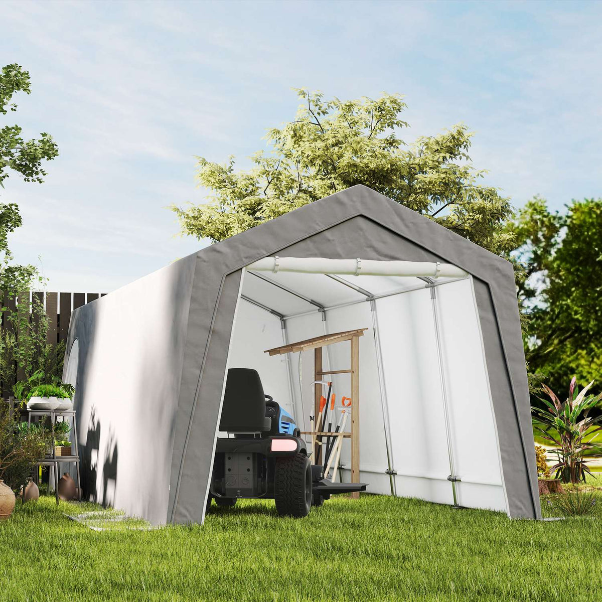 Garage Tent, Waterproof Tent Garage with Doors, Windows, Anti-Dust Bicycle Cover, Tool Shed, Tool Tent Shed for Outdoor, Patio, Garden, Approx. 300 x 600 x 250 cm, Light Gray