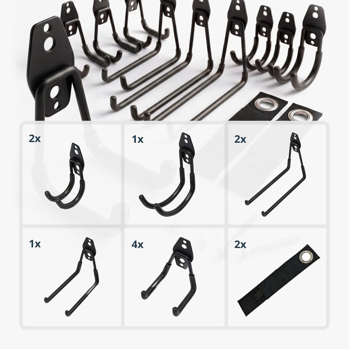 Garage Wall Hooks Set, 12-Piece PVC-Coated with Straps