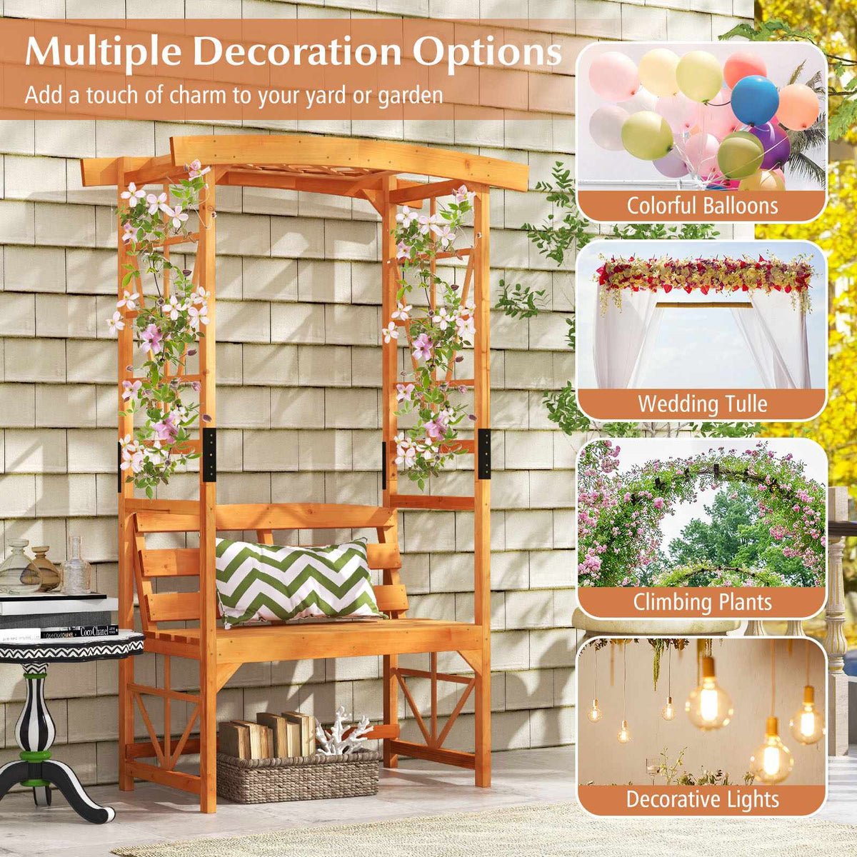 Garden Arbor Pergola With 2-Seat Bench, 6.2 Ft, Fir Wood