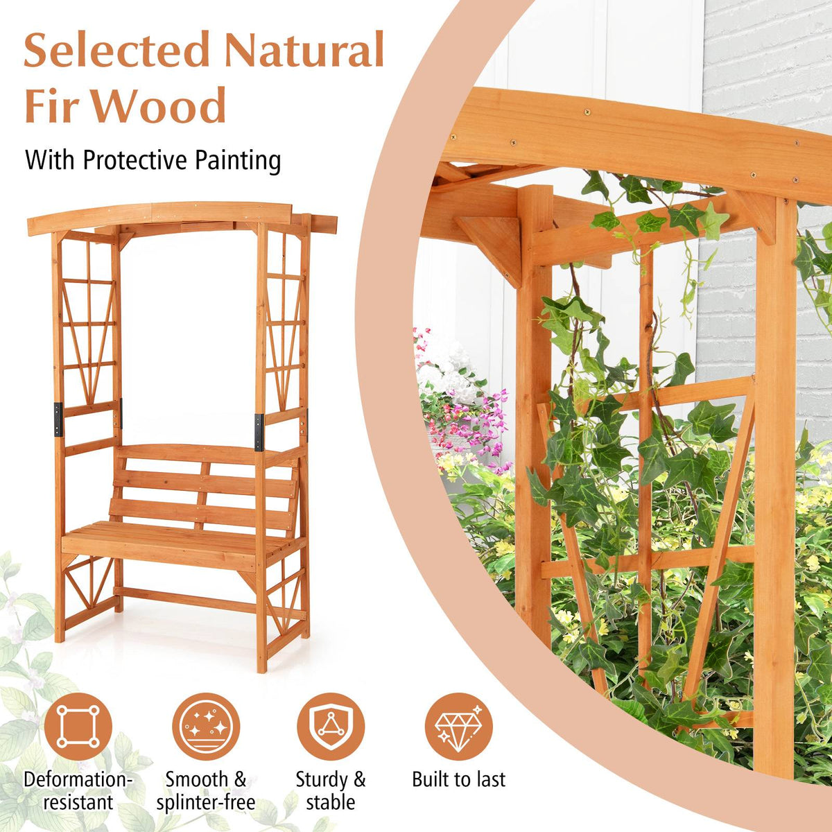 Garden Arbor Pergola With 2-Seat Bench, 6.2 Ft, Fir Wood