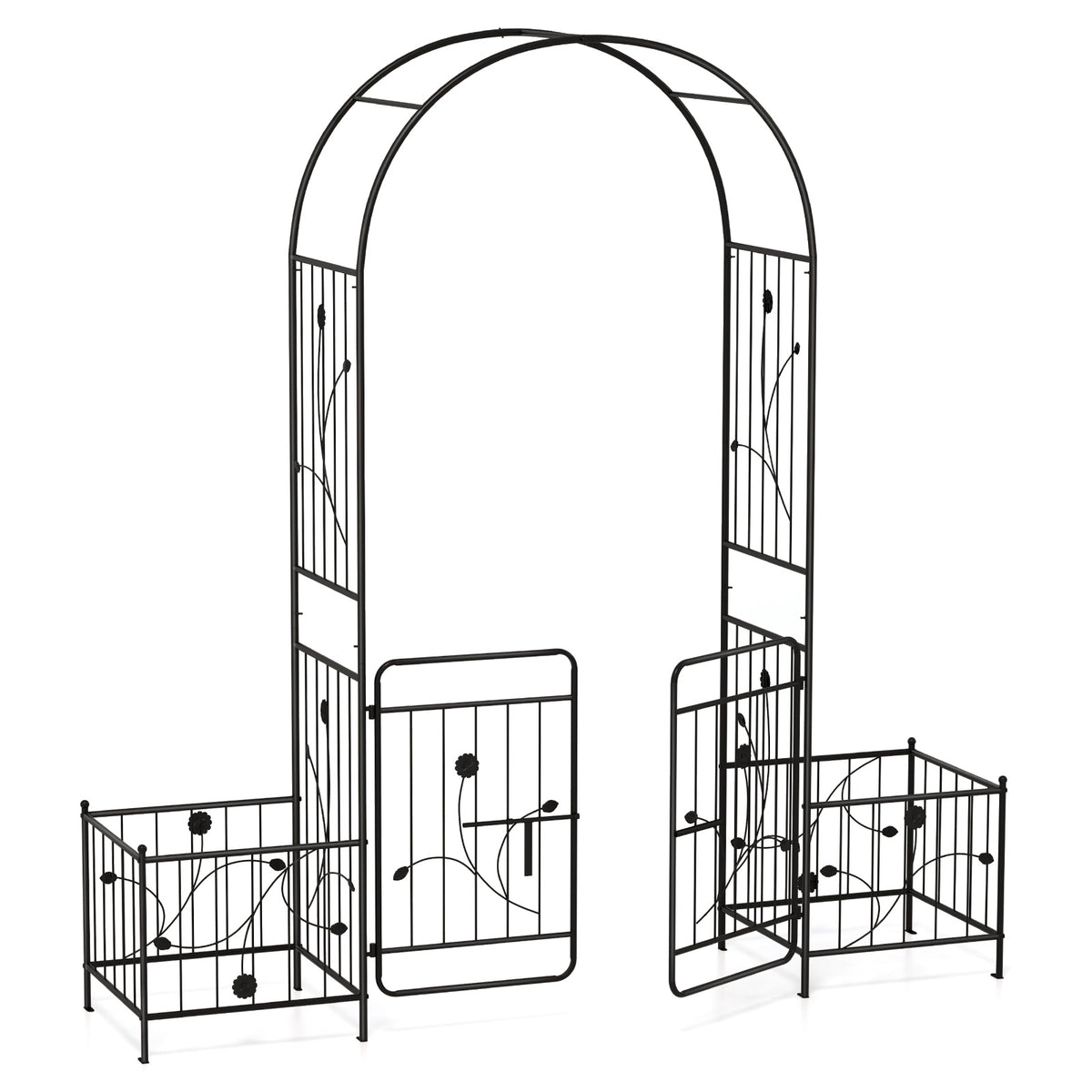 Garden Arbor Trellis with Lockable Gate, Side Planters, Black Metal