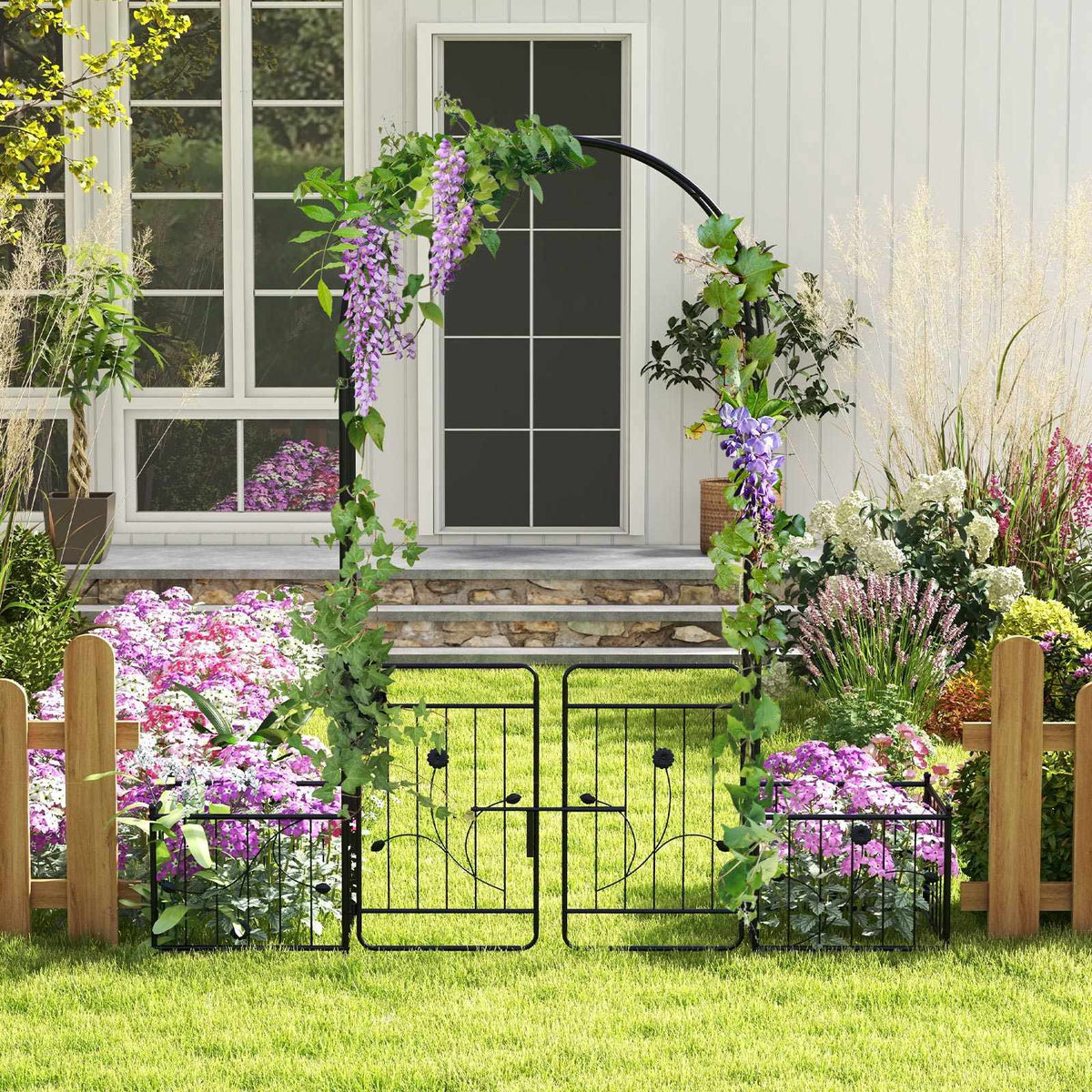 Garden Arbor Trellis with Lockable Gate, Side Planters, Black Metal