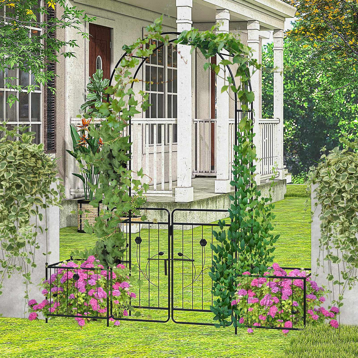 Garden Arbor Trellis with Lockable Gate, Side Planters, Black Metal
