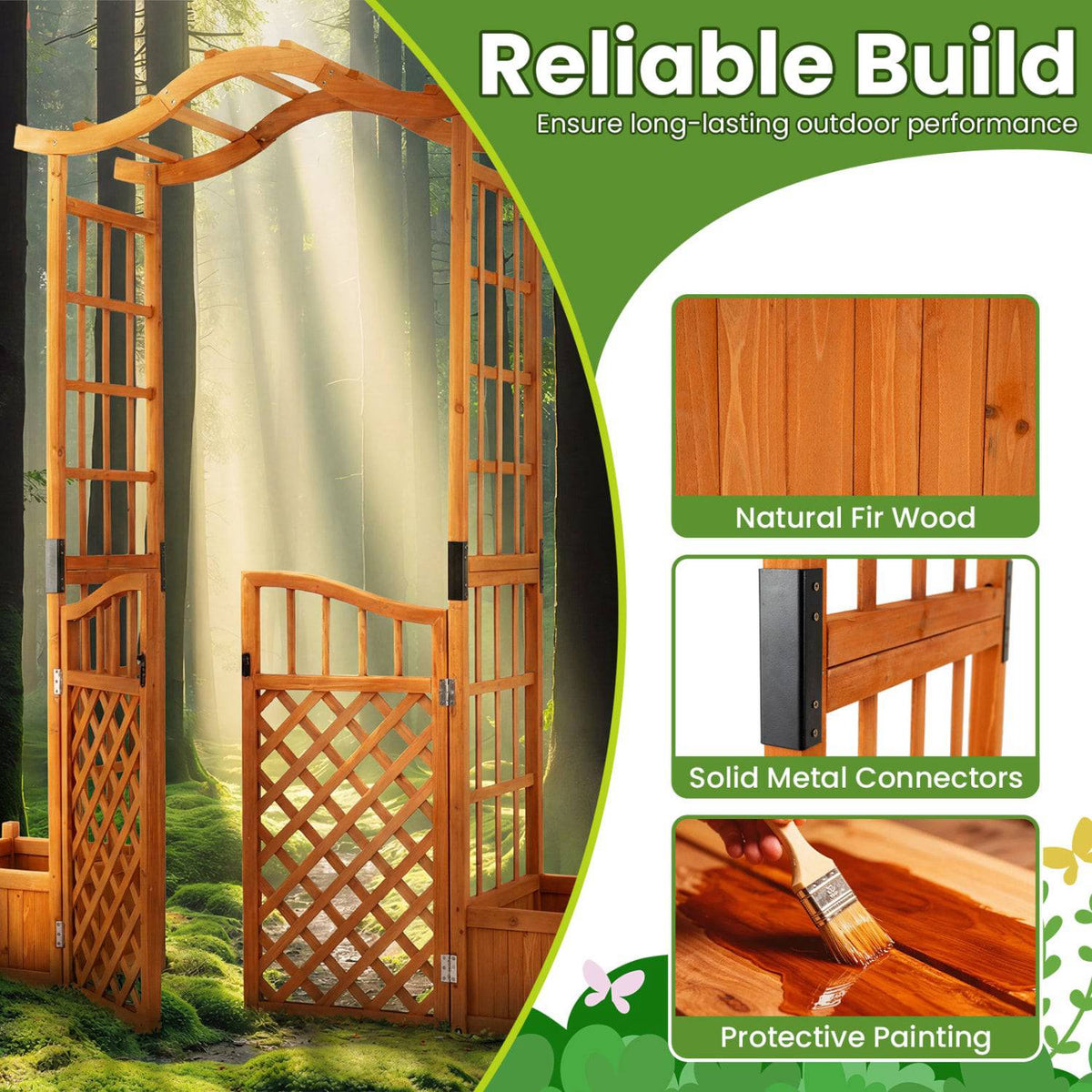 Garden Arbor With Gate, 2 Planter Boxes, Fir Wood