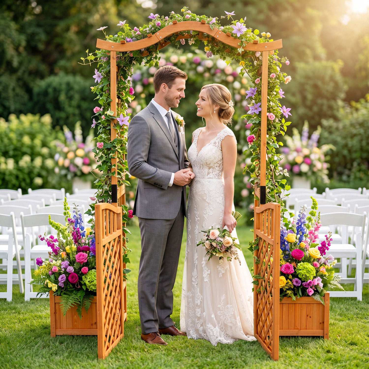 Garden Arbor With Gate, 2 Planter Boxes, Fir Wood
