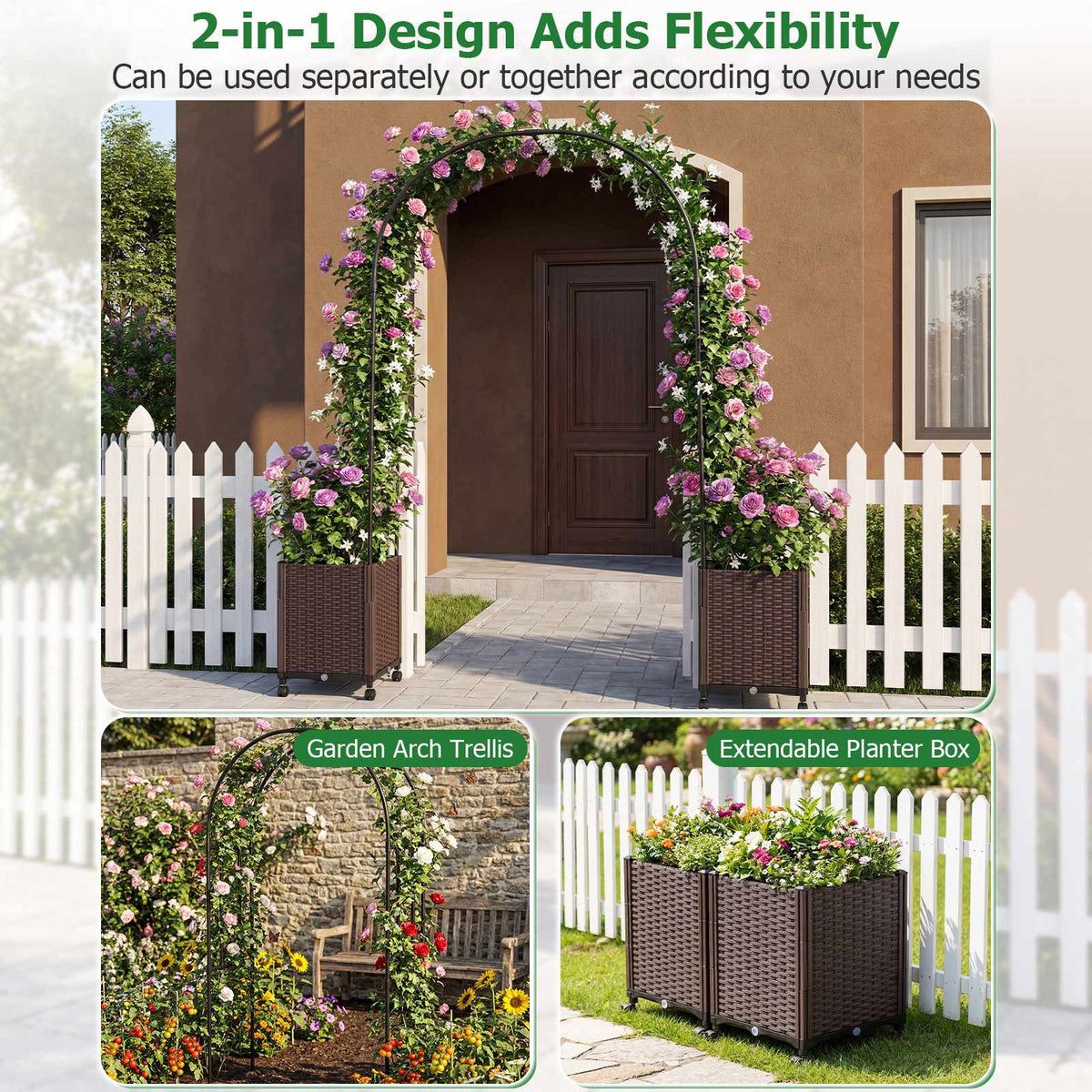 Garden Arch Trellis with 2 Self-Watering Planter Boxes