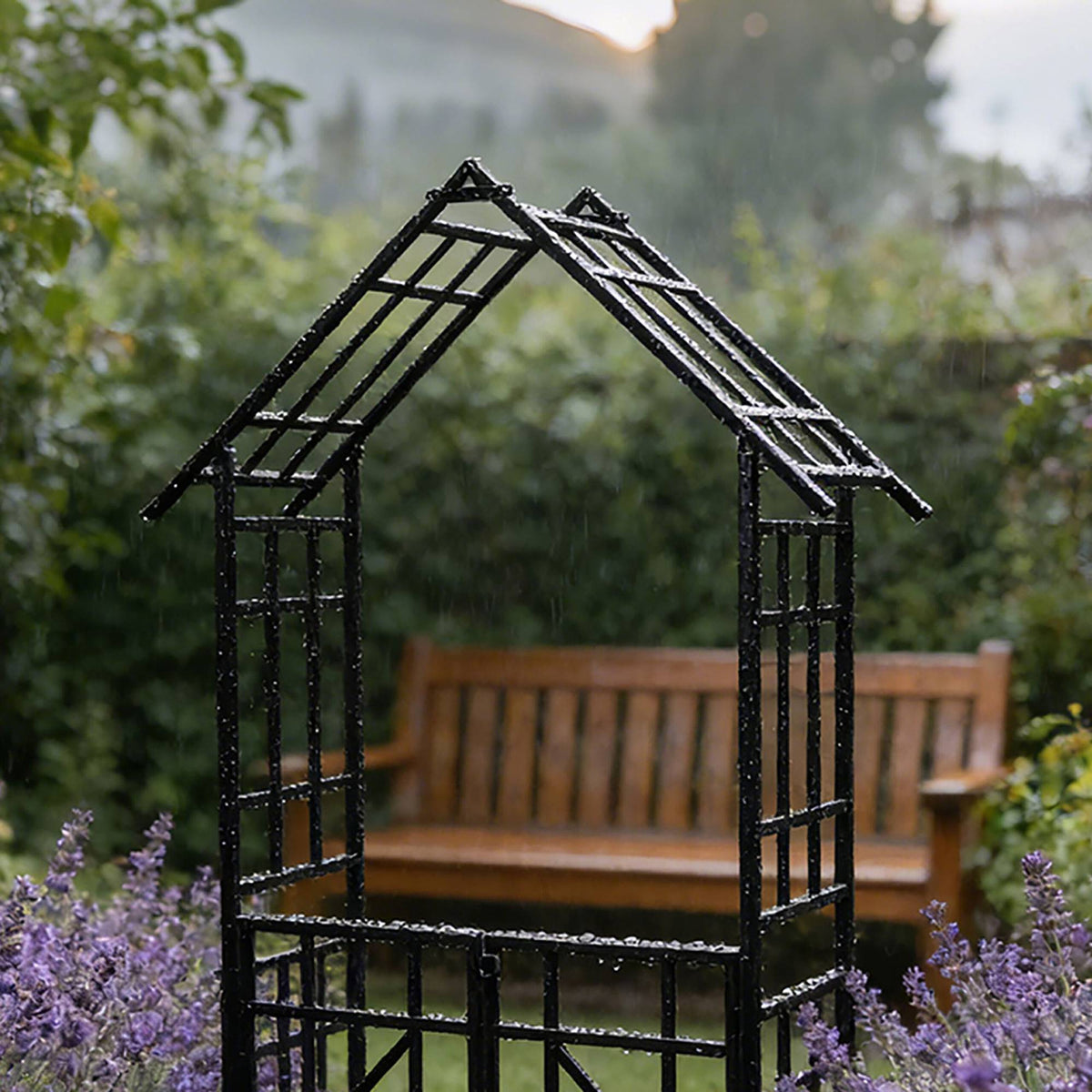 Garden Arch With Gate and Planters, House-Shaped