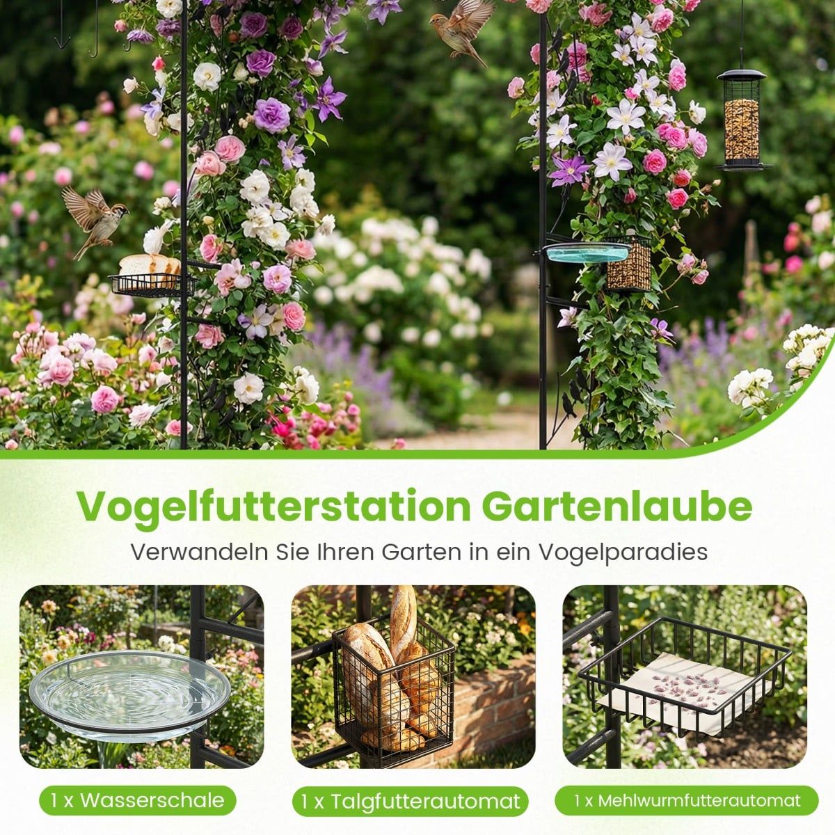 Garden Arch with Bird Feeder and Water Bowl, Black, 213 cm