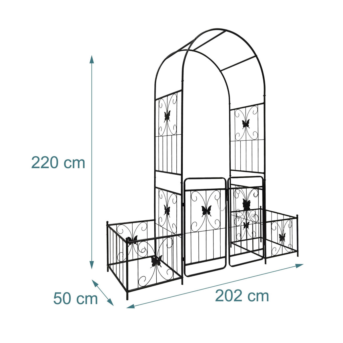 Garden Arch with Gate and Planters, Metal Trellis