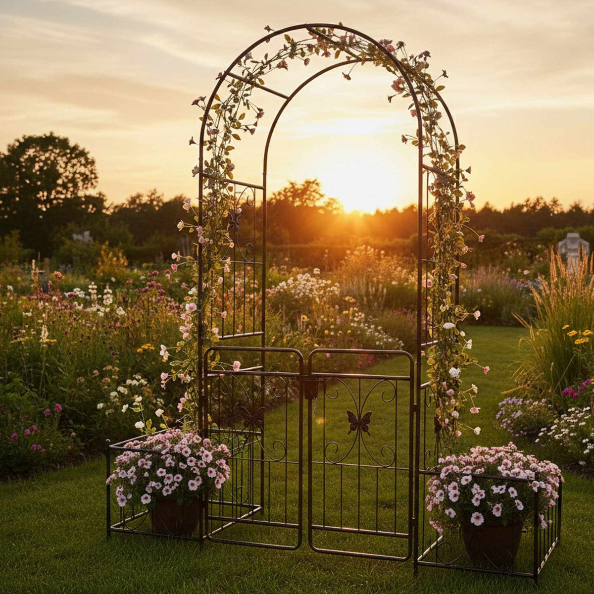 Garden Arch with Gate and Planters, Metal Trellis