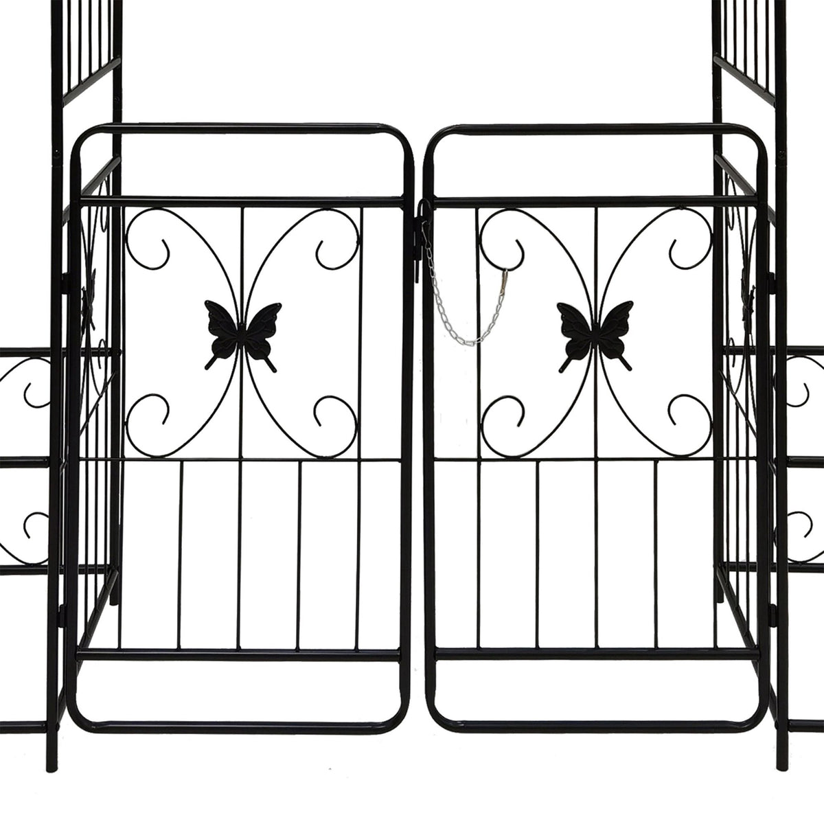 Garden Arch with Gate and Planters, Metal Trellis