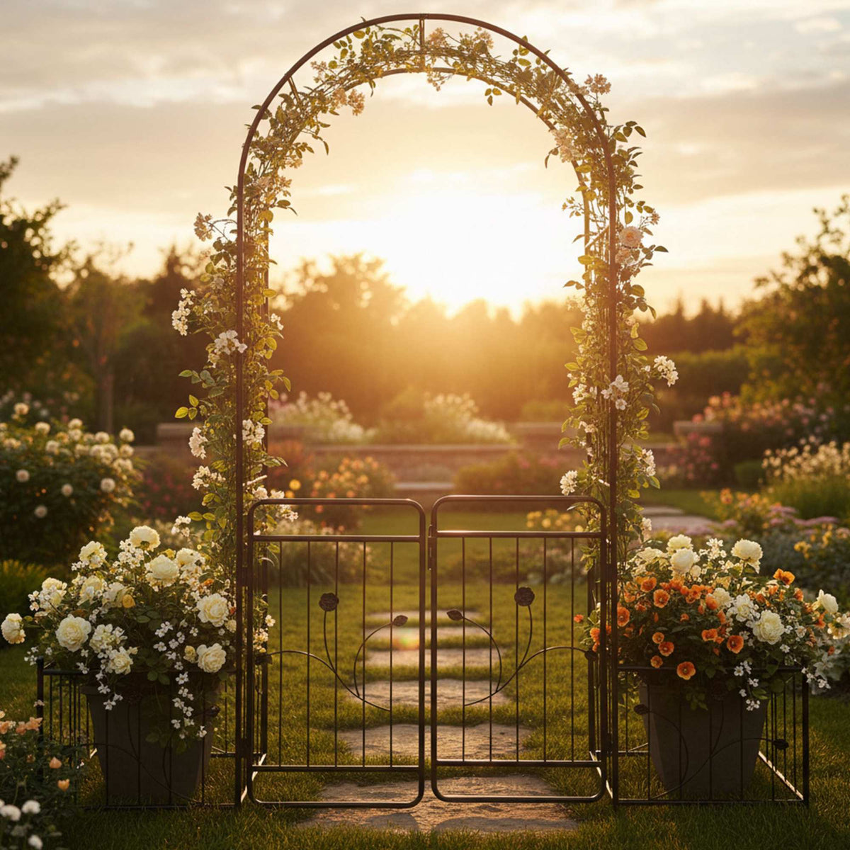 Garden Arch with Gate and Planters – Weatherproof Metal