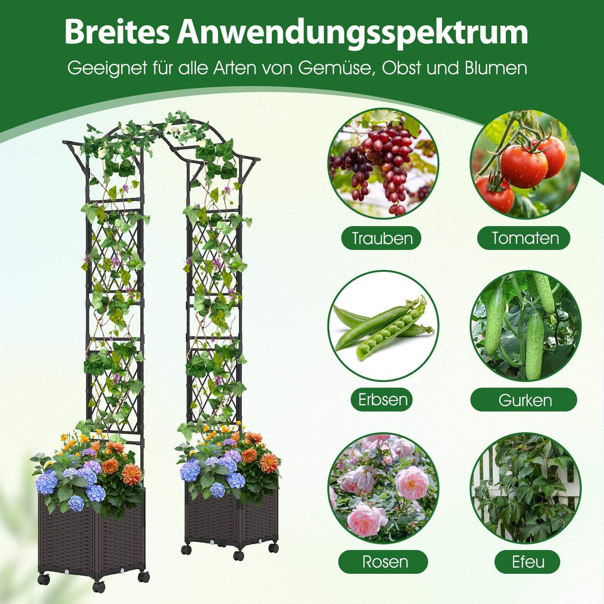 Garden Arch with Self-Watering Planters, Metal & PP, Black