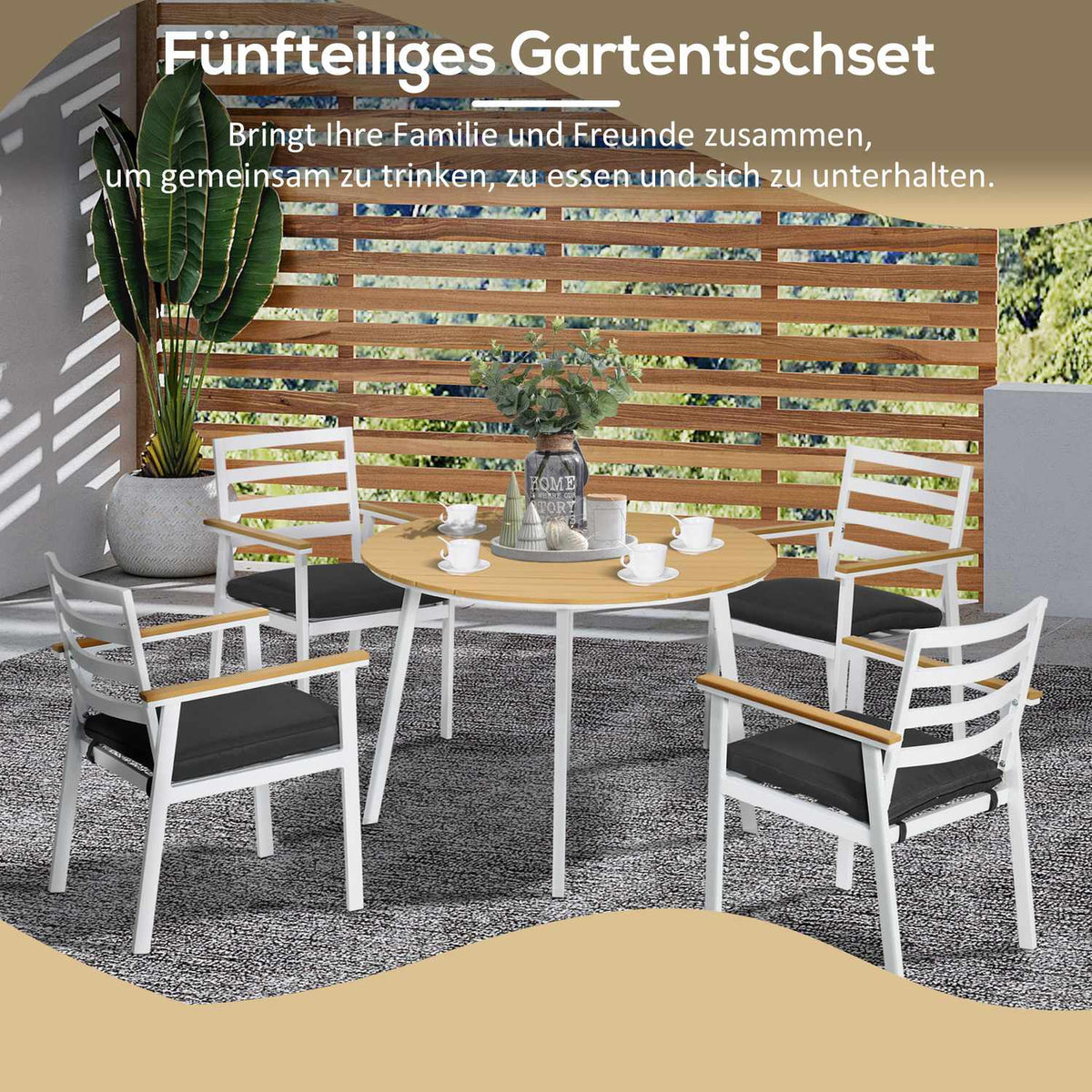 Garden Balcony Seating Group For 4 People, 1 Table, 4 Chairs, Weatherproof, 105 Cm X 105 Cm X 74 Cm, Brown + White + Gray