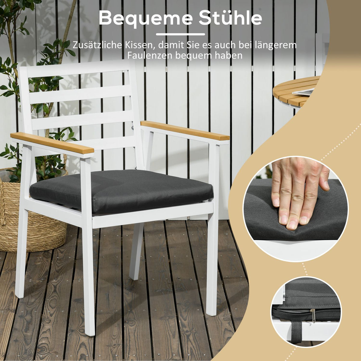 Garden Balcony Seating Group For 4 People, 1 Table, 4 Chairs, Weatherproof, 105 Cm X 105 Cm X 74 Cm, Brown + White + Gray