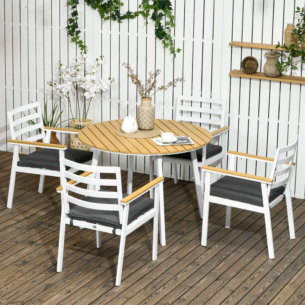 Garden Balcony Seating Group For 4 People, 1 Table, 4 Chairs, Weatherproof, 105 Cm X 105 Cm X 74 Cm, Brown + White + Gray