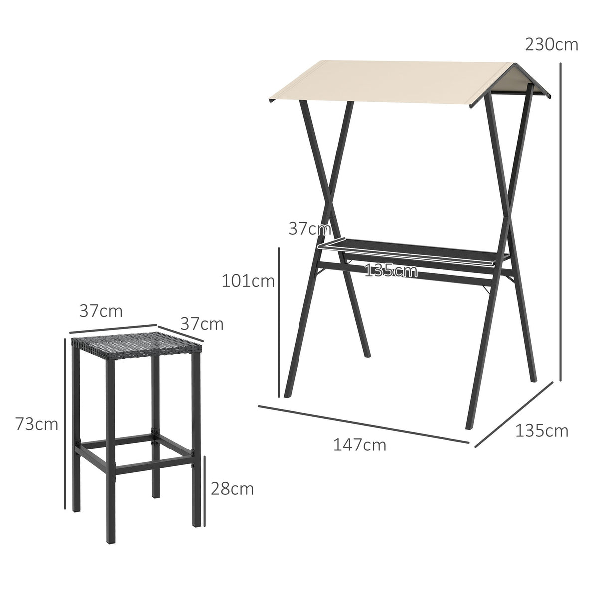Garden Bar Set Rattan Bar Table With 4 Bar Stools, Bar Table With Roof, Seating Group, Footrest, Black, Steel, For Garden & Balcony