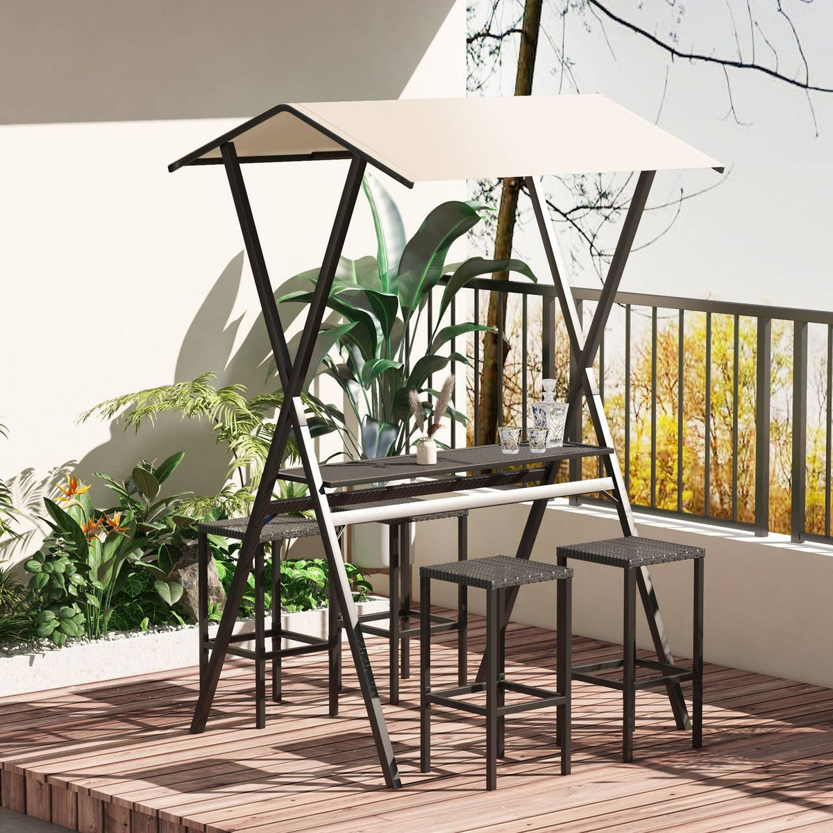 Garden Bar Set Rattan Bar Table With 4 Bar Stools, Bar Table With Roof, Seating Group, Footrest, Black, Steel, For Garden & Balcony