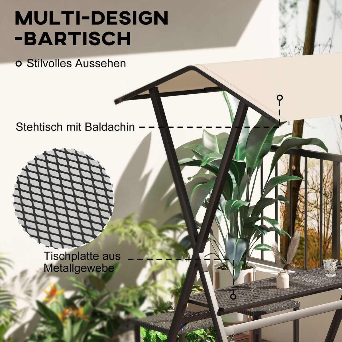 Garden Bar Set Rattan Bar Table With 4 Bar Stools, Bar Table With Roof, Seating Group, Footrest, Black, Steel, For Garden & Balcony