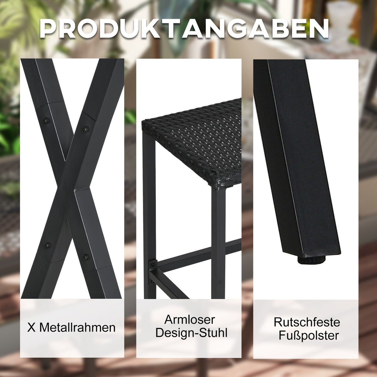 Garden Bar Set Rattan Bar Table With 4 Bar Stools, Bar Table With Roof, Seating Group, Footrest, Black, Steel, For Garden & Balcony