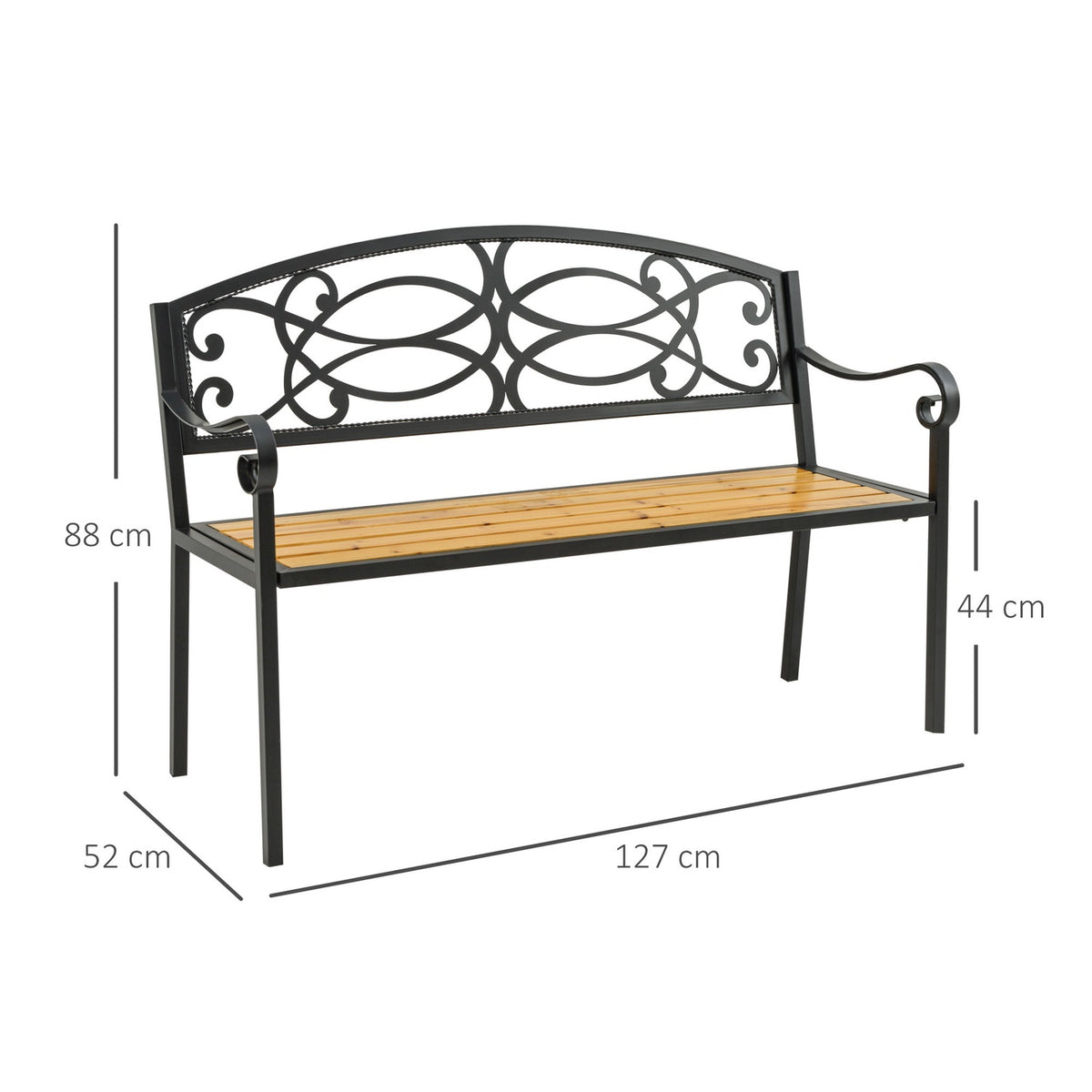 Garden Bench 2-Seater Bench Made Of Wood And Metal, Park Bench Up To 220 Kg, Patio Bench With Backrest, Solid Wood, 127X52X88Cm
