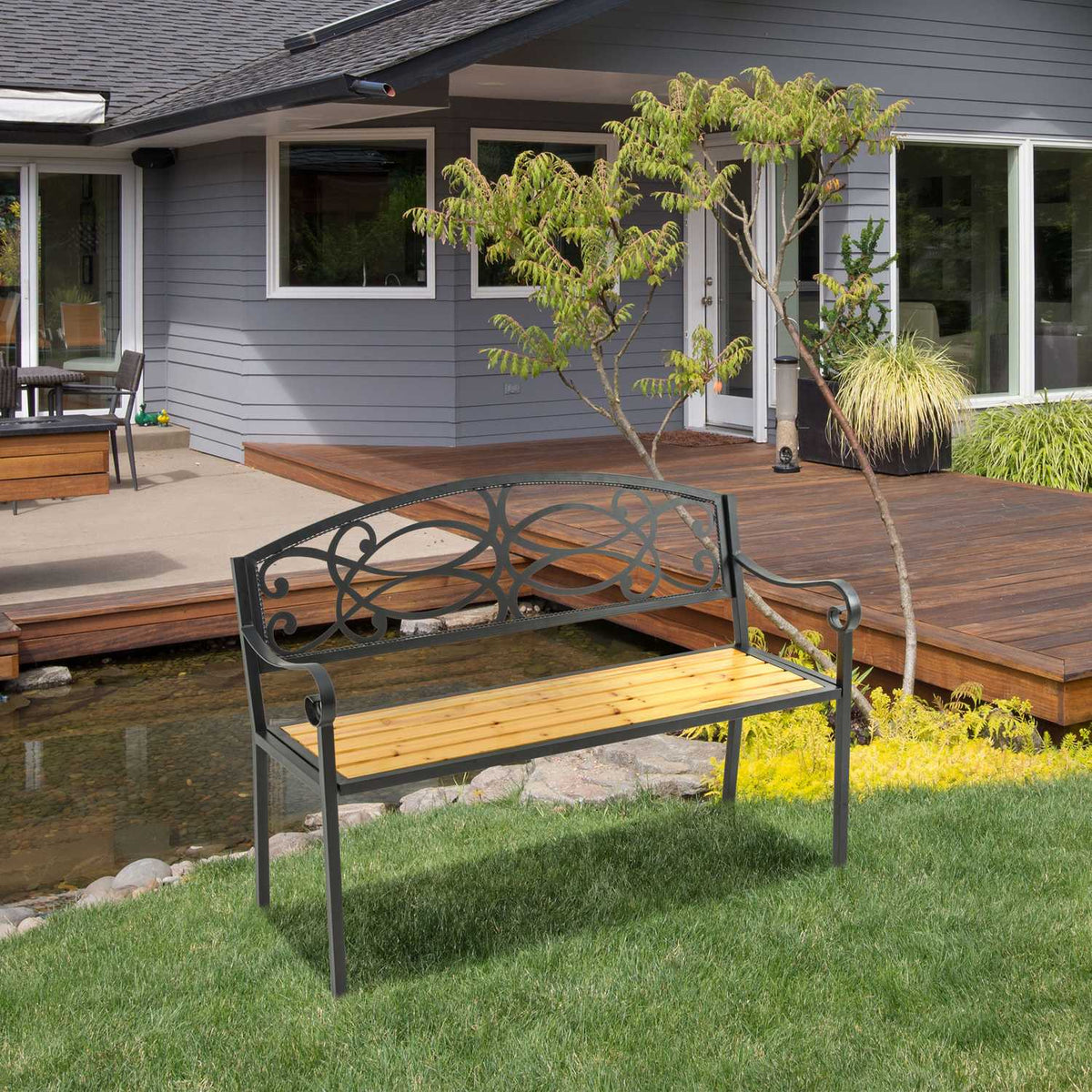 Garden Bench 2-Seater Bench Made Of Wood And Metal, Park Bench Up To 220 Kg, Patio Bench With Backrest, Solid Wood, 127X52X88Cm