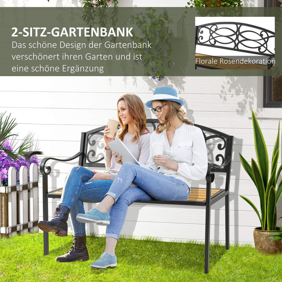 Garden Bench 2-Seater Bench Made Of Wood And Metal, Park Bench Up To 220 Kg, Patio Bench With Backrest, Solid Wood, 127X52X88Cm
