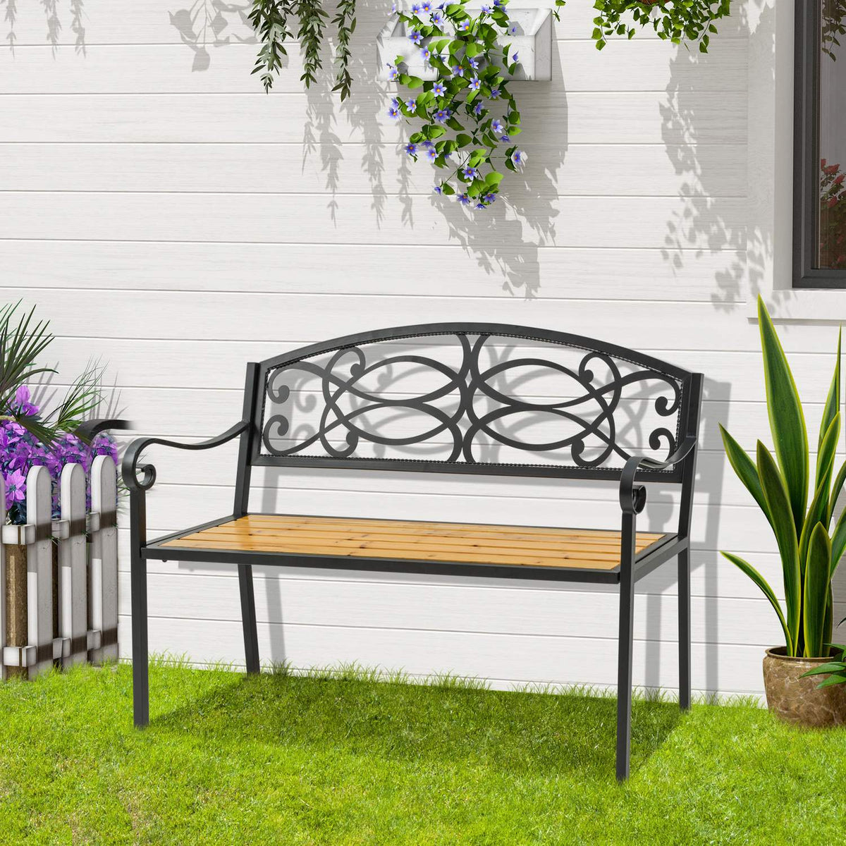 Garden Bench 2-Seater Bench Made Of Wood And Metal, Park Bench Up To 220 Kg, Patio Bench With Backrest, Solid Wood, 127X52X88Cm