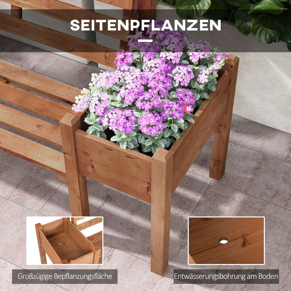 Garden Bench, 2-Seater Bench, Wooden Bench, Balcony Bench With Flower Box, For Garden, Terrace, Load Capacity Up To 240 Kg