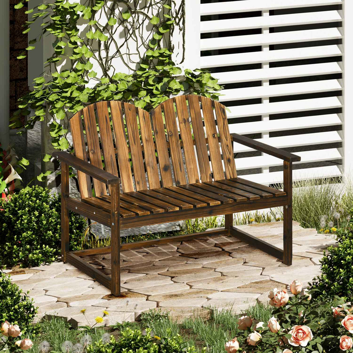 Garden Bench, 2-Seater Bench, Wooden Bench With Backrest, Armrest, Park Bench, Load Capacity Up To 240 Kg, For Garden, Balcony, Charred