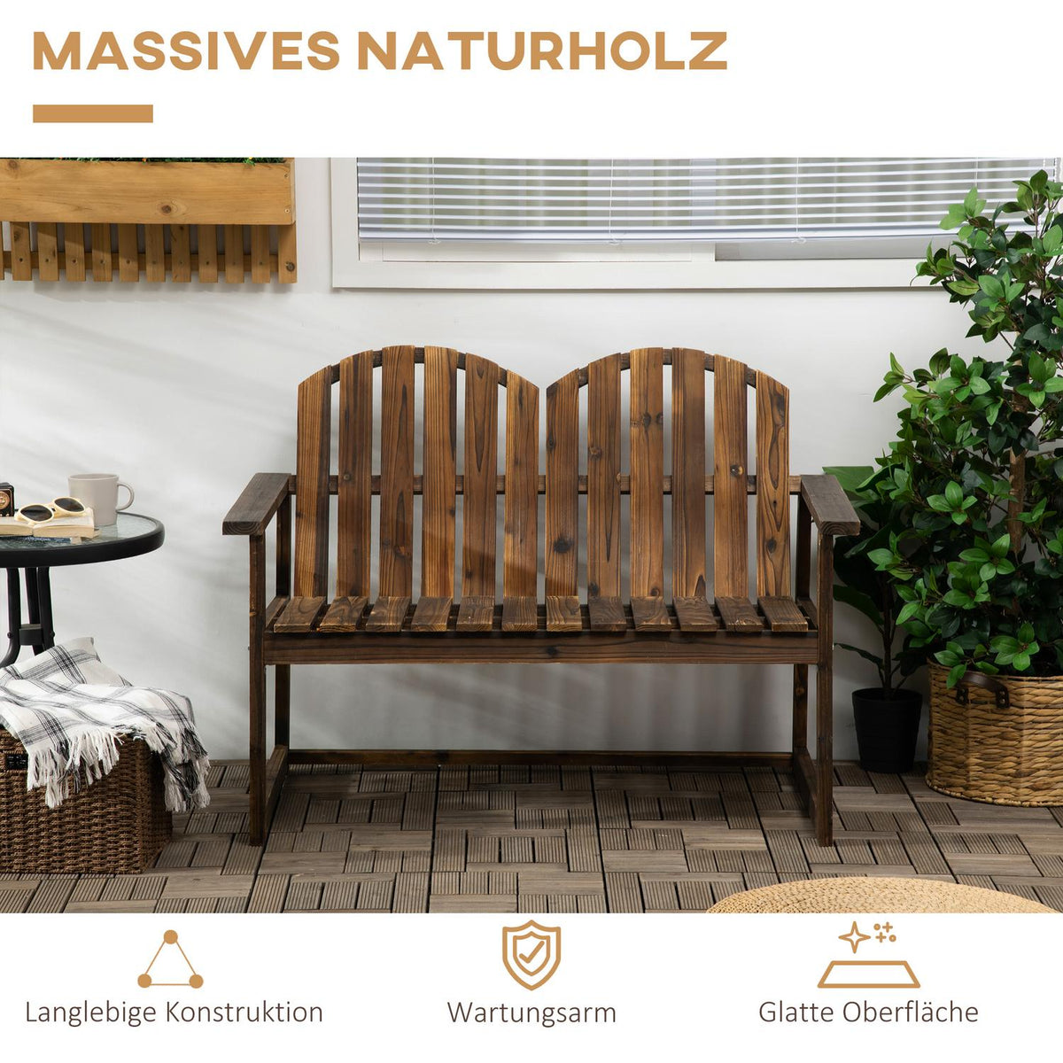 Garden Bench, 2-Seater Bench, Wooden Bench With Backrest, Armrest, Park Bench, Load Capacity Up To 240 Kg, For Garden, Balcony, Charred