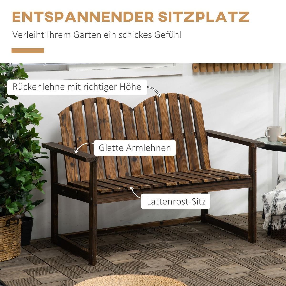 Garden Bench, 2-Seater Bench, Wooden Bench With Backrest, Armrest, Park Bench, Load Capacity Up To 240 Kg, For Garden, Balcony, Charred