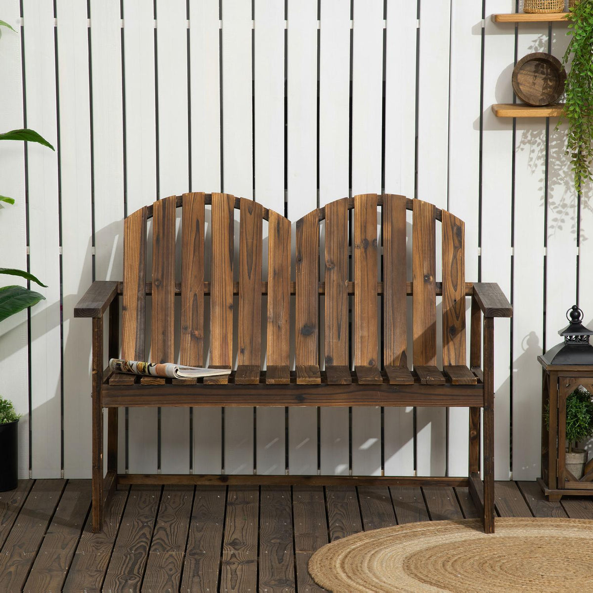 Garden Bench, 2-Seater Bench, Wooden Bench With Backrest, Armrest, Park Bench, Load Capacity Up To 240 Kg, For Garden, Balcony, Charred