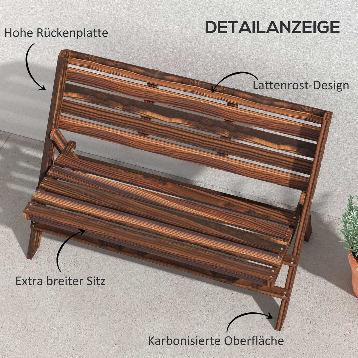 Garden Bench, 2-Seater Bench, Wooden Bench With Backrest, Park Bench, Can Hold Up To 250 Kg, For Garden, Balcony, Charred, 122 X 63 X 83 Cm