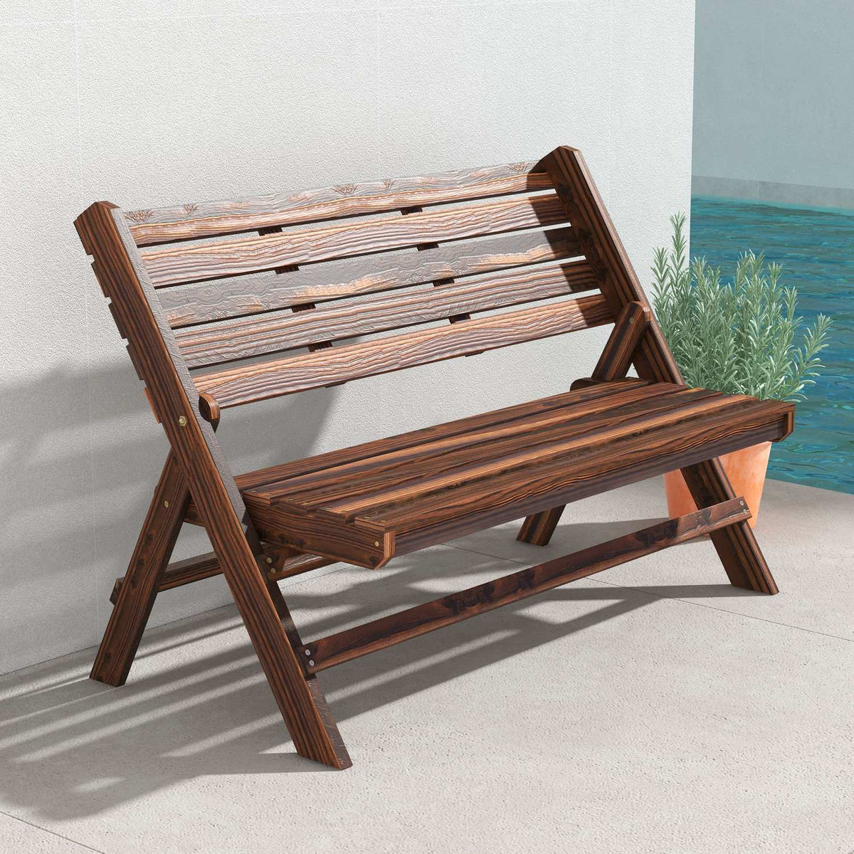 Garden Bench, 2-Seater Bench, Wooden Bench With Backrest, Park Bench, Can Hold Up To 250 Kg, For Garden, Balcony, Charred, 122 X 63 X 83 Cm