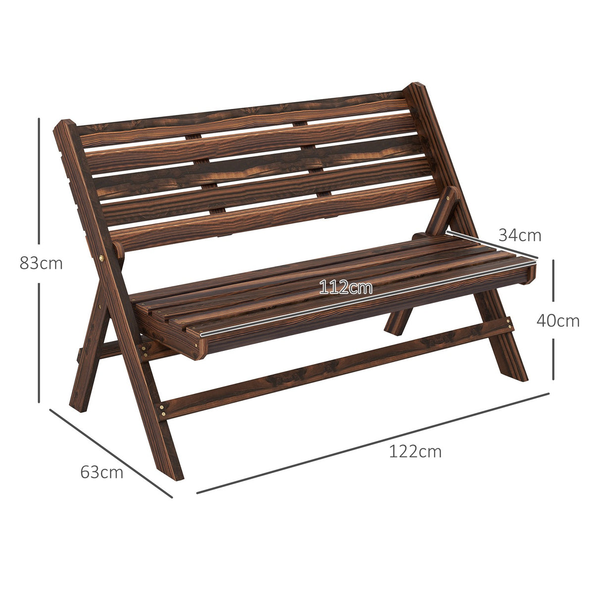 Garden Bench, 2-Seater Bench, Wooden Bench With Backrest, Park Bench, Can Hold Up To 250 Kg, For Garden, Balcony, Charred, 122 X 63 X 83 Cm