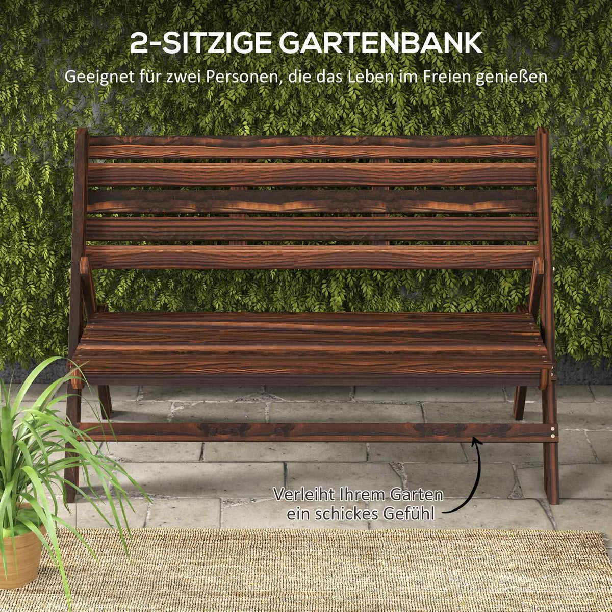 Garden Bench, 2-Seater Bench, Wooden Bench With Backrest, Park Bench, Can Hold Up To 250 Kg, For Garden, Balcony, Charred, 122 X 63 X 83 Cm