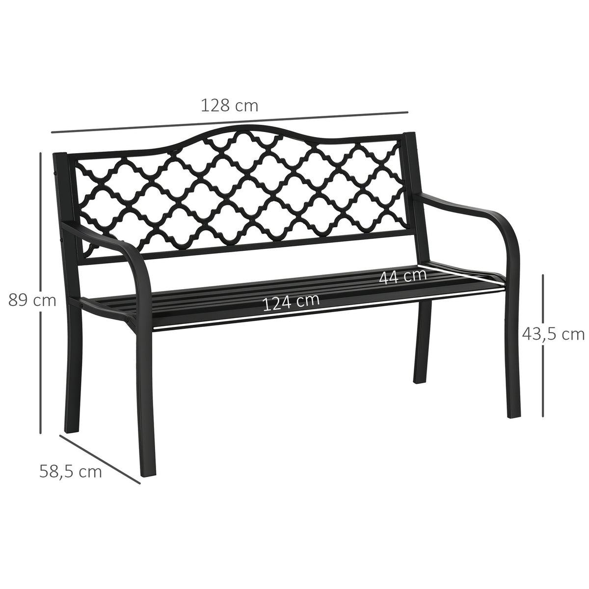 Garden Bench 2-Seater Elegant Park Bench Made Of Metal, Up To 240 Kg, With Back & Armrests, Cast Iron, Black, 128X58.5X89 Cm