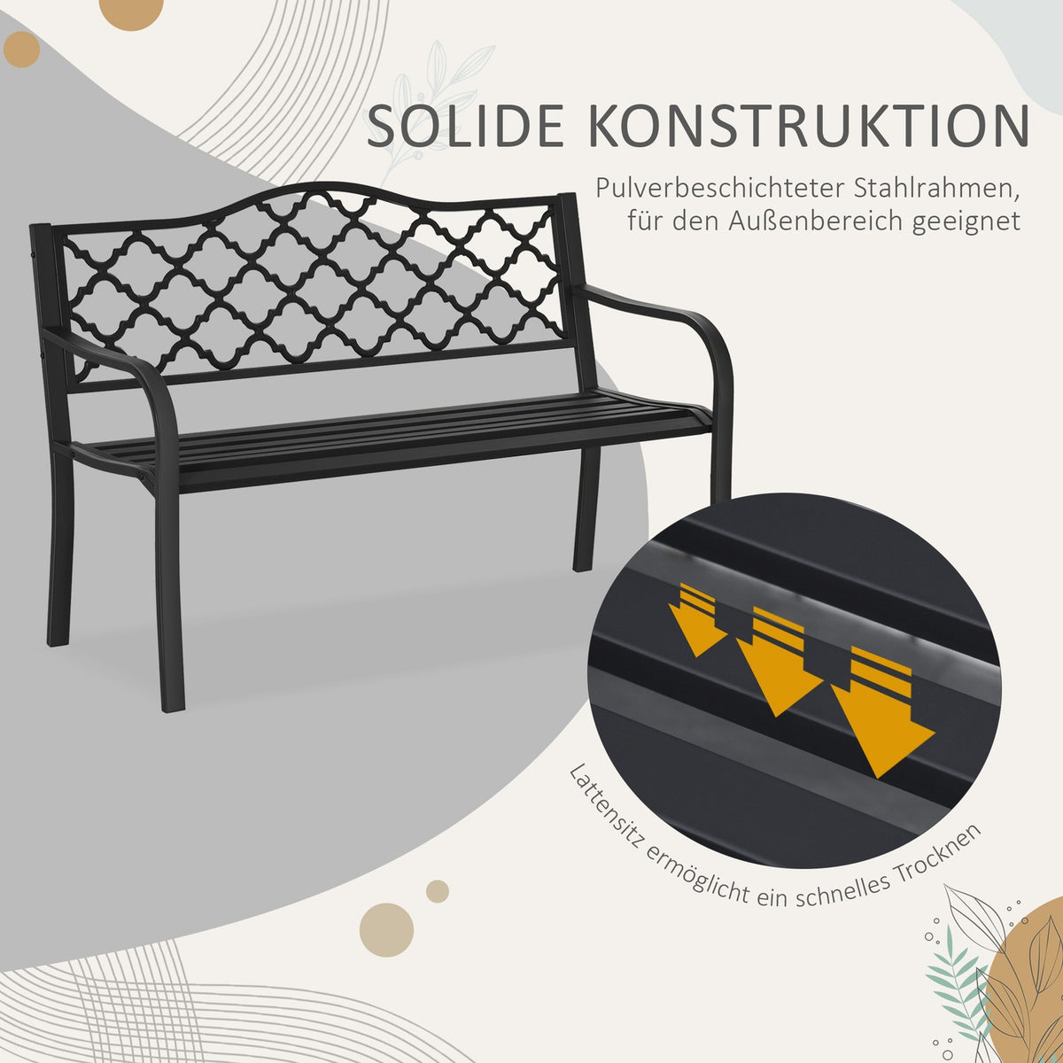 Garden Bench 2-Seater Elegant Park Bench Made Of Metal, Up To 240 Kg, With Back & Armrests, Cast Iron, Black, 128X58.5X89 Cm