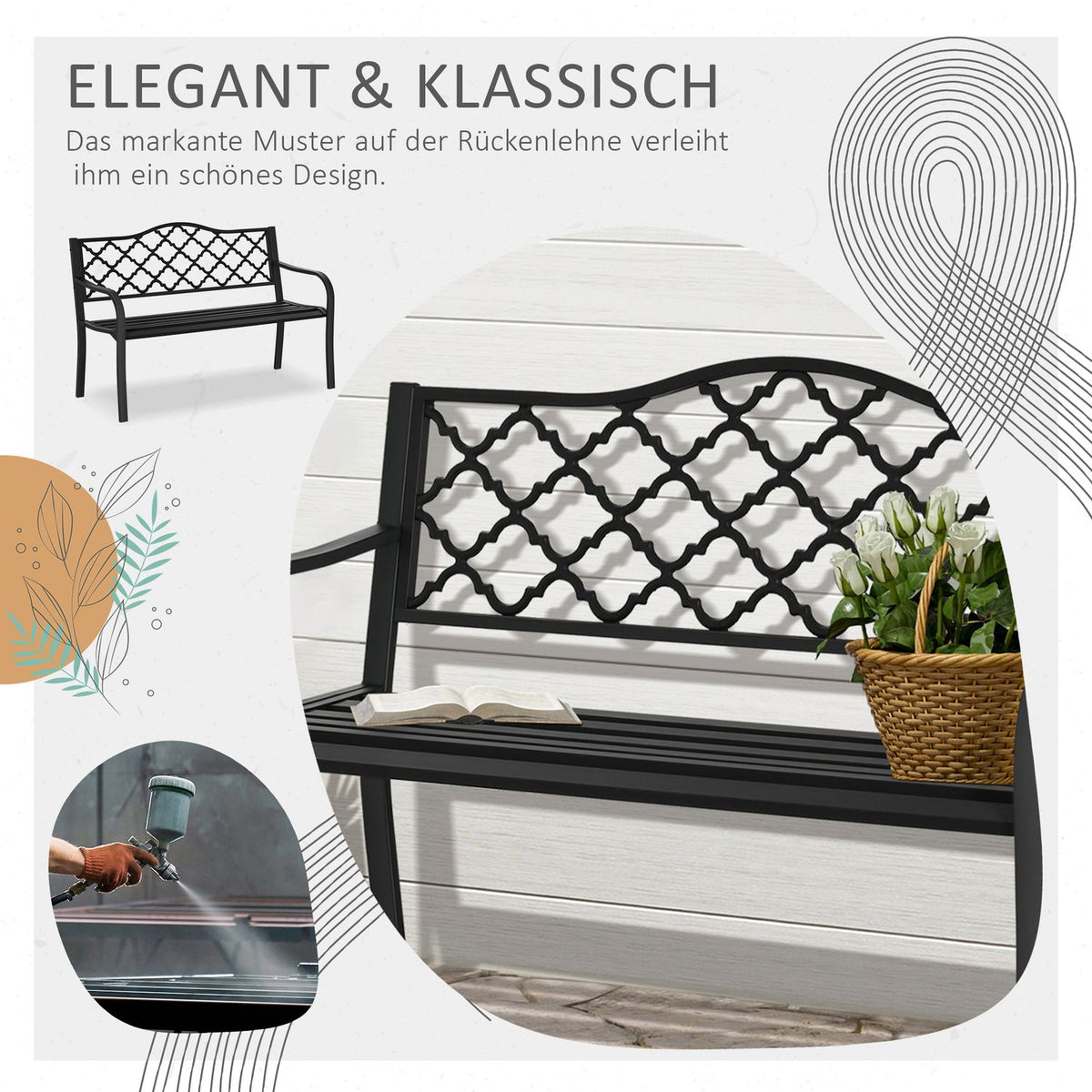 Garden Bench 2-Seater Elegant Park Bench Made Of Metal, Up To 240 Kg, With Back & Armrests, Cast Iron, Black, 128X58.5X89 Cm