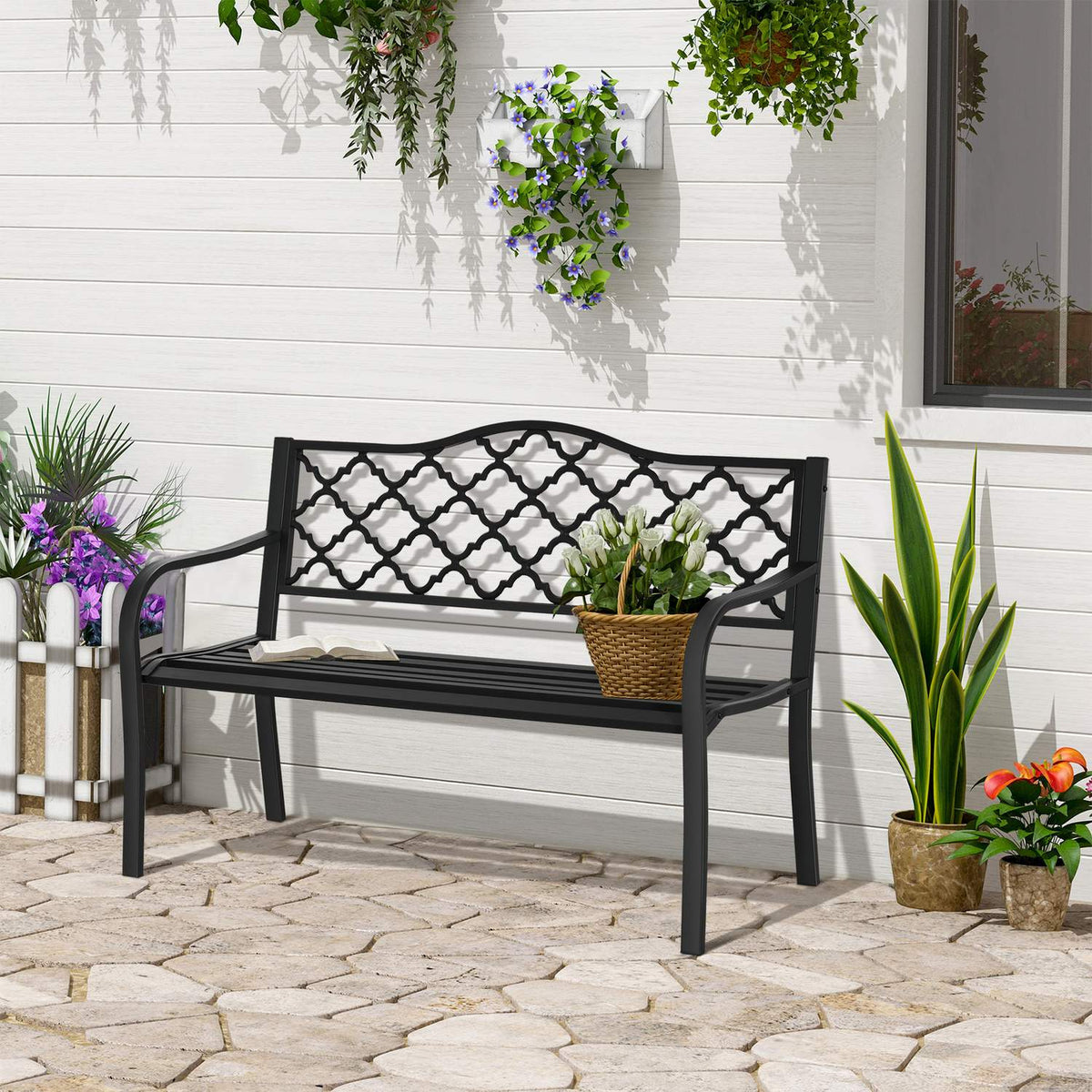Garden Bench 2-Seater Elegant Park Bench Made Of Metal, Up To 240 Kg, With Back & Armrests, Cast Iron, Black, 128X58.5X89 Cm