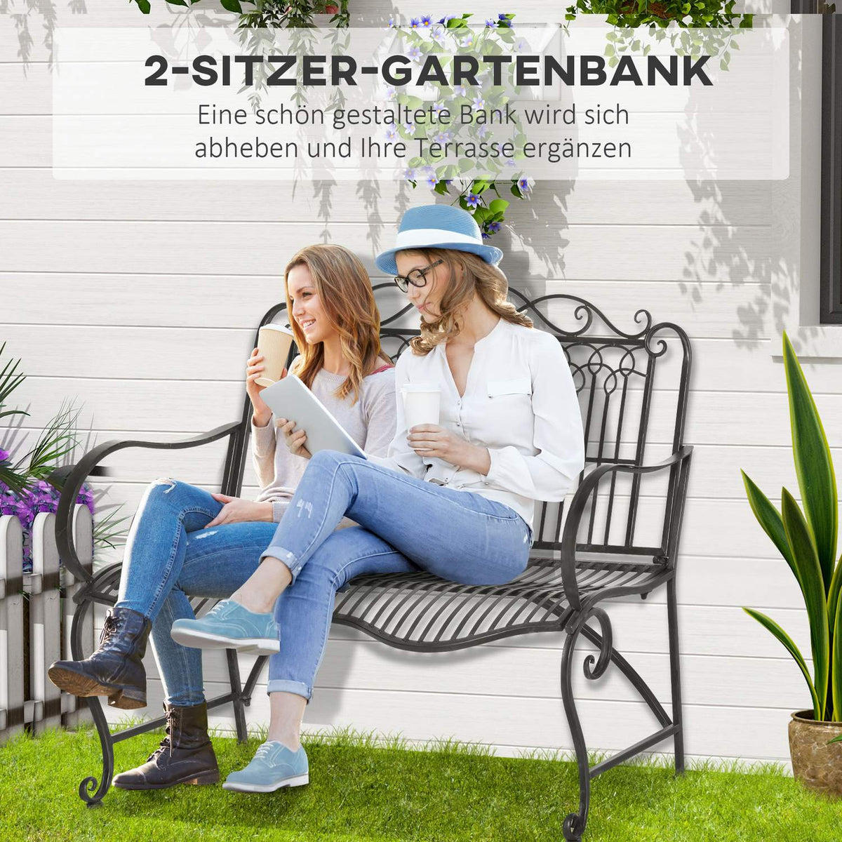 Garden Bench 2-Seater Park Bench Made Of Metal Bench Up To 200 Kg Bench Patio Bench With Back And Armrests Garden Furniture Metal 110 X 60 X 97 Cm