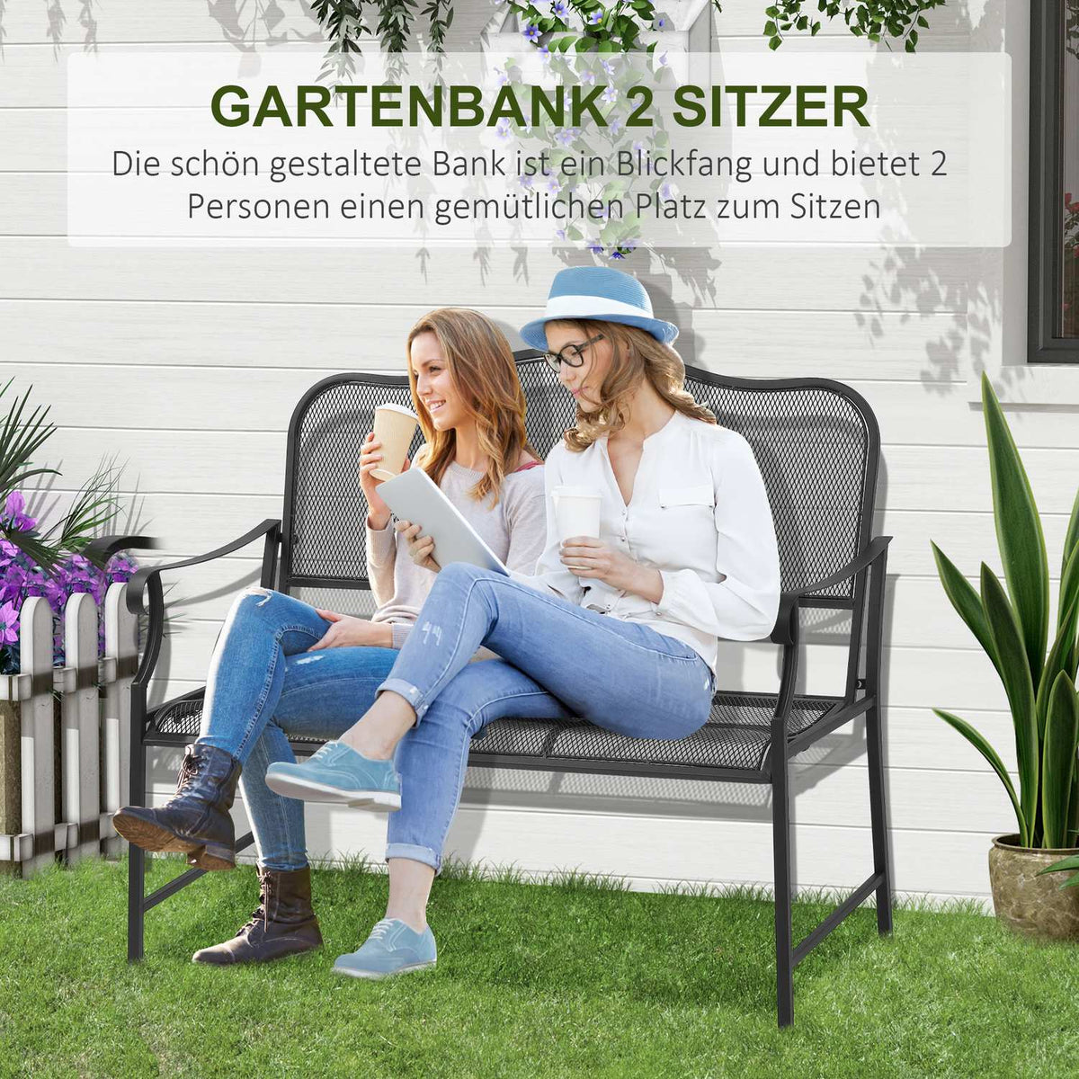Garden Bench 2-Seater Park Bench Patio Bench Can Hold Up To 220 Kg With Backrests Metal Black 113 X 58 X 98 Cm