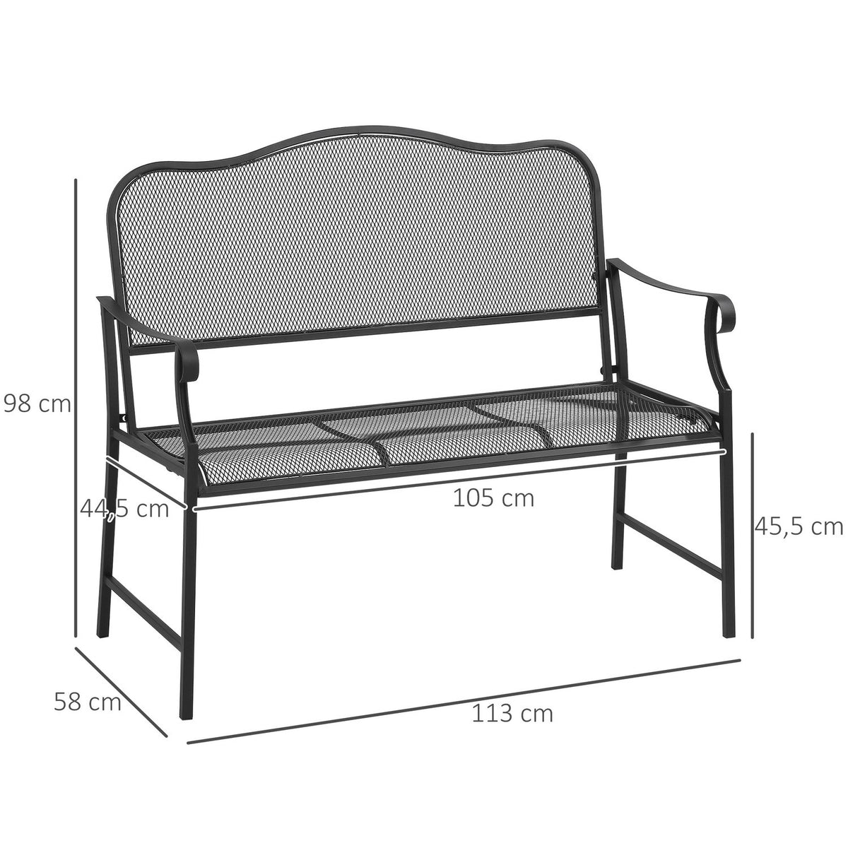 Garden Bench 2-Seater Park Bench Patio Bench Can Hold Up To 220 Kg With Backrests Metal Black 113 X 58 X 98 Cm