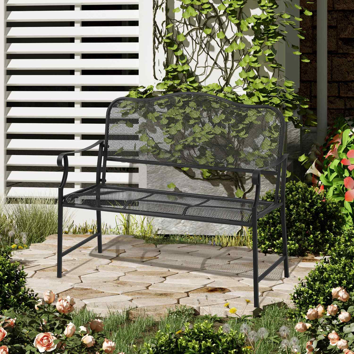 Garden Bench 2-Seater Park Bench Patio Bench Can Hold Up To 220 Kg With Backrests Metal Black 113 X 58 X 98 Cm