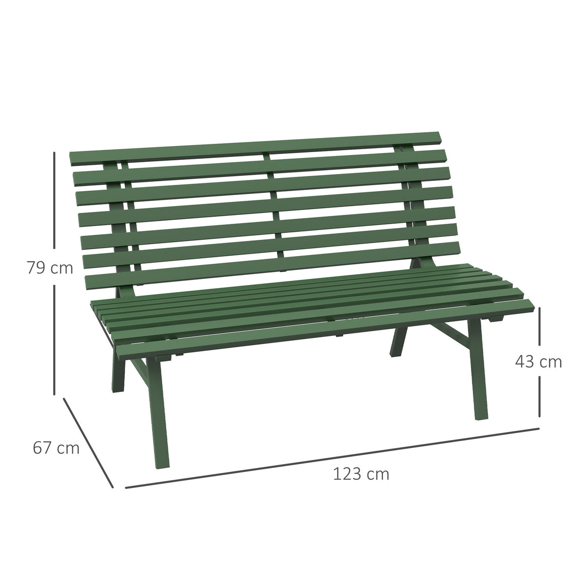 Garden Bench 2 Seater Park Bench With Backrest, Aluminum, 123X67X79Cm, Green