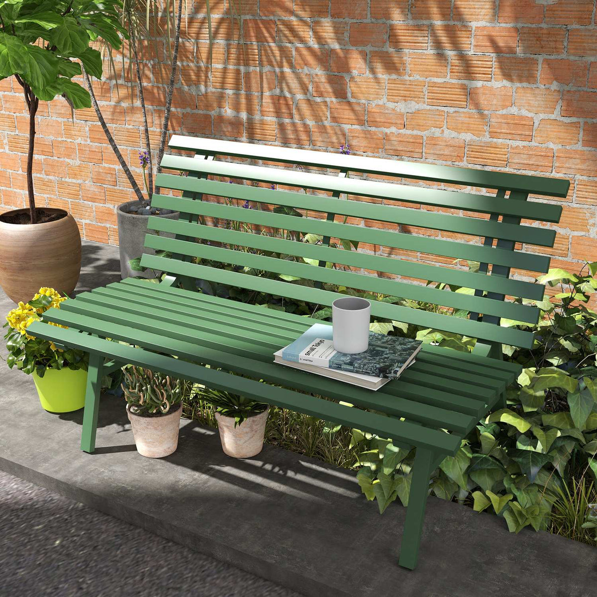 Garden Bench 2 Seater Park Bench With Backrest, Aluminum, 123X67X79Cm, Green