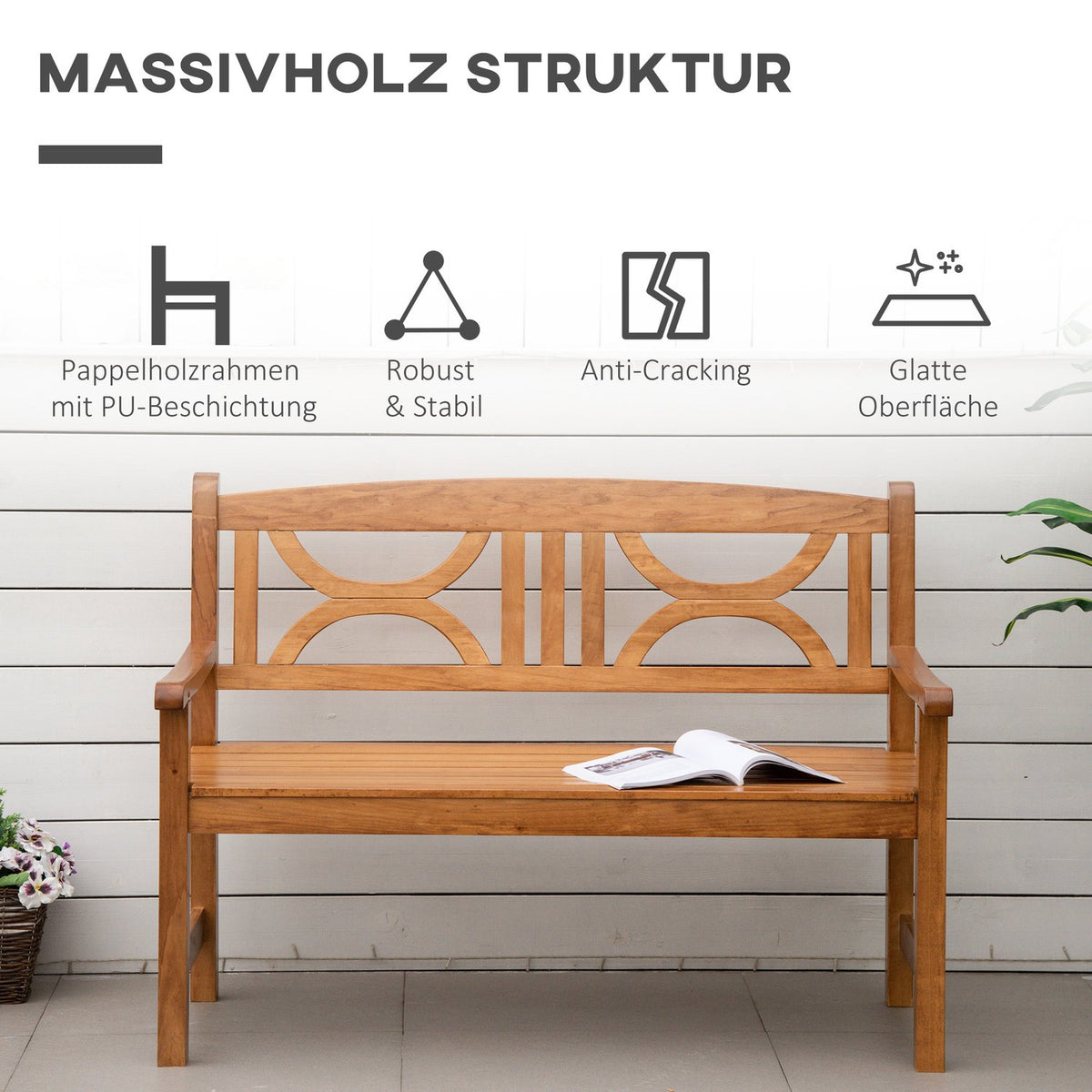 Garden Bench 2-Seater Poplar Wood Backrest Natural 250Kg Patio Garden